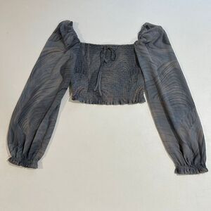 Wilfred Aritzia Sheer Gray Smocked Puff Sleeve Crop Top Size S Romantic Eveningw